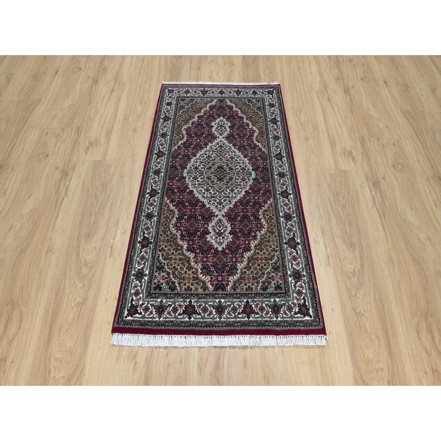 2'10"X5'1" Carmine Red Wool Tebraz Mahi With Fish Design Hand Knotted Rug
