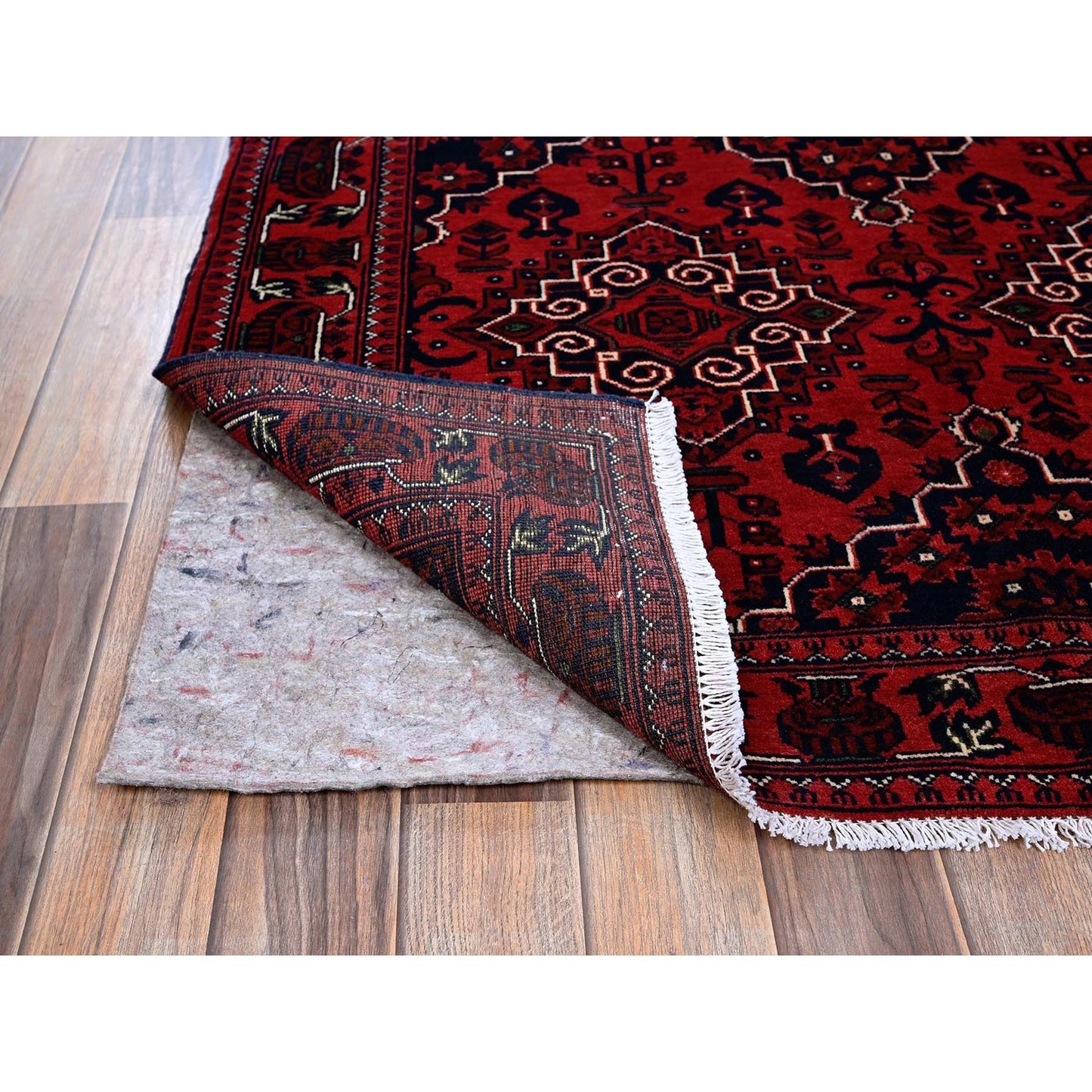 3'10"X6' Red Afghan Khamyab Geometric Design Hand Knotted Pure Wool Rug