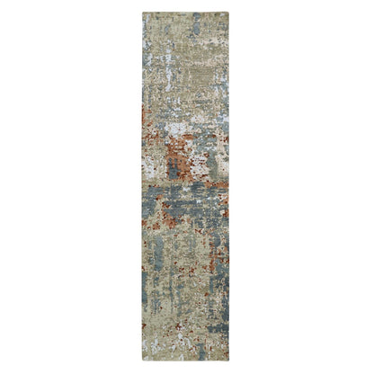 2'5"X10' Gray With Beige Abstract Design All Wool Hand Knotted Runner Rug
