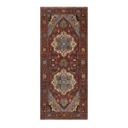 2'8"X6'2" Red Antiqued Heris Re-Creation Hand Knotted All Wool Runner Rug
