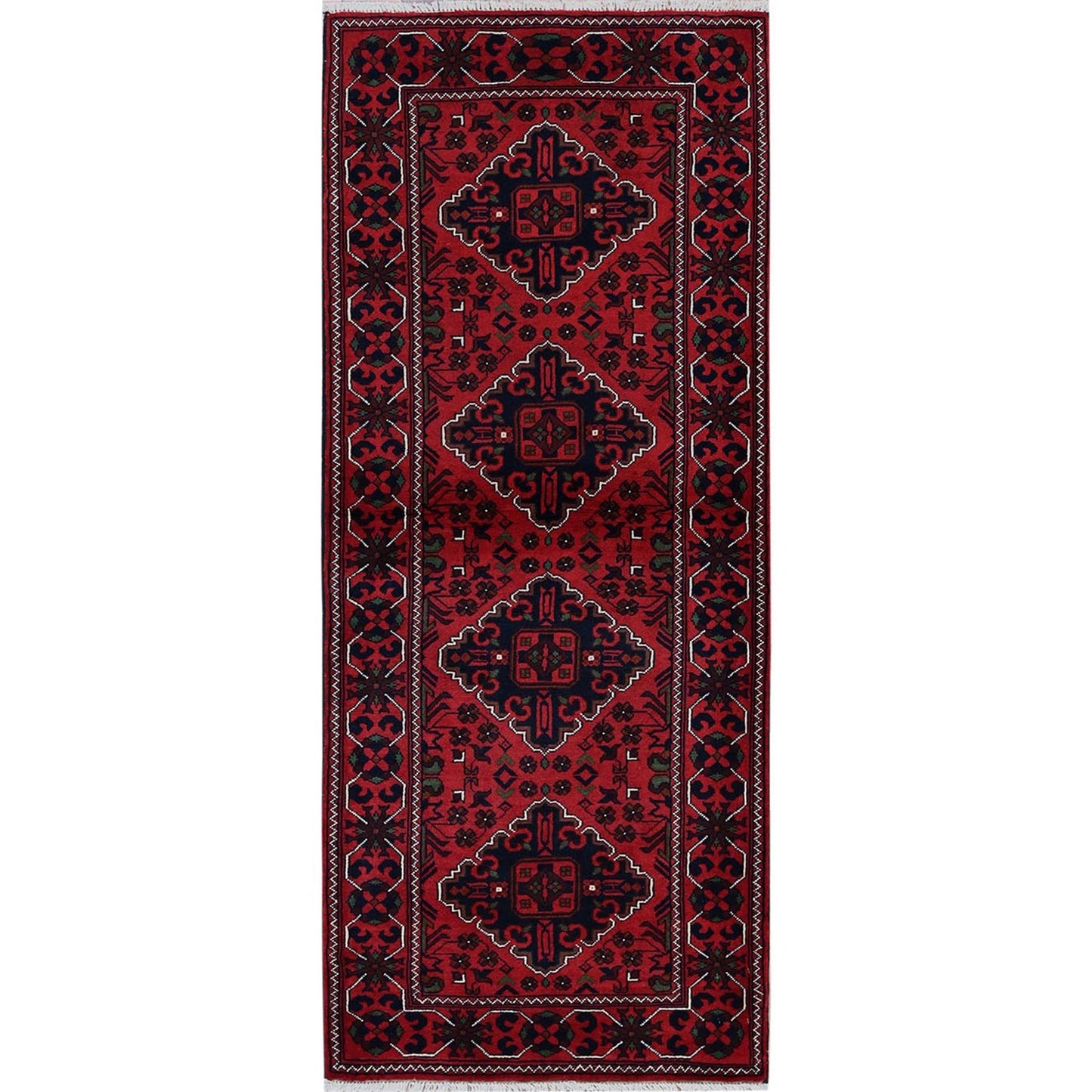 2'4"X5'8" Red Afghan Khamyab Geometric Pattern Wool Hand Knotted Runner Rug