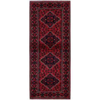2'4"X5'8" Red Afghan Khamyab Geometric Pattern Wool Hand Knotted Runner Rug