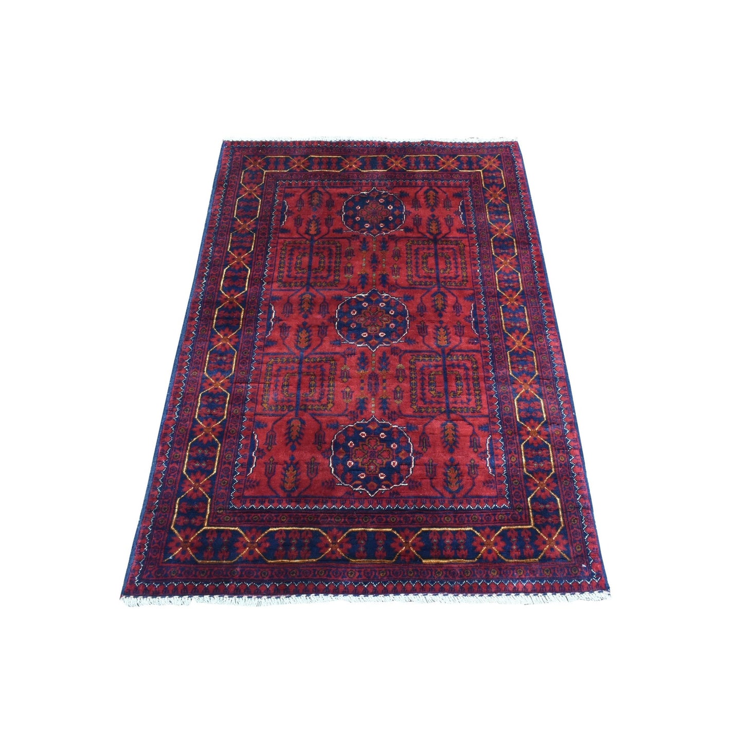 3'4"X4'9" Red Afghan Khamyab Soft And Shiny Wool Hand Knotted Rug