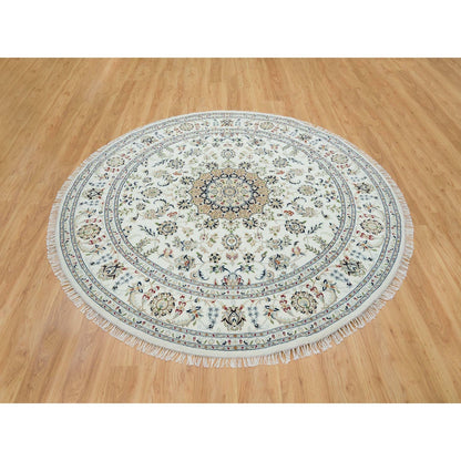 7'10"X7'10" Ivory Wool Hand Knotted Nain Design 250 Kpsi Round Rug