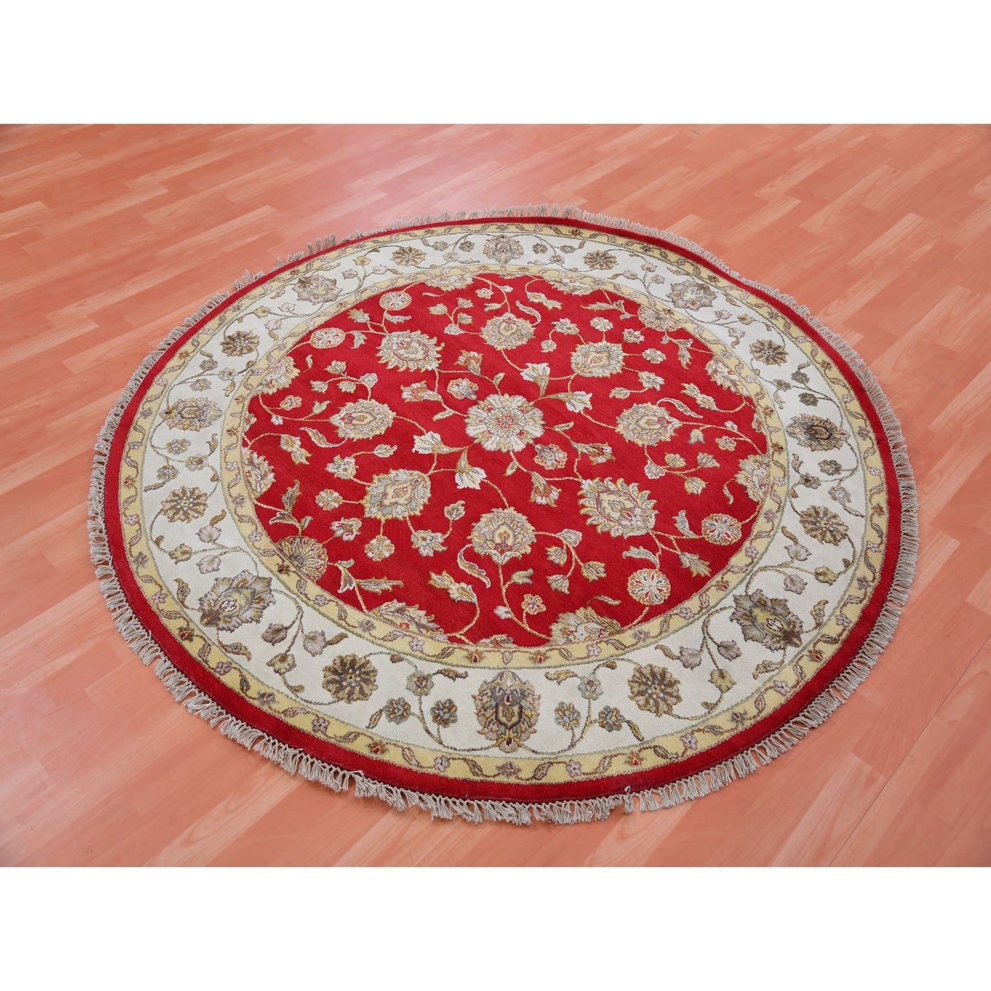 6'X6' Red Rajasthan All Over Pattern Hand Knotted Wool Silk Round Rug
