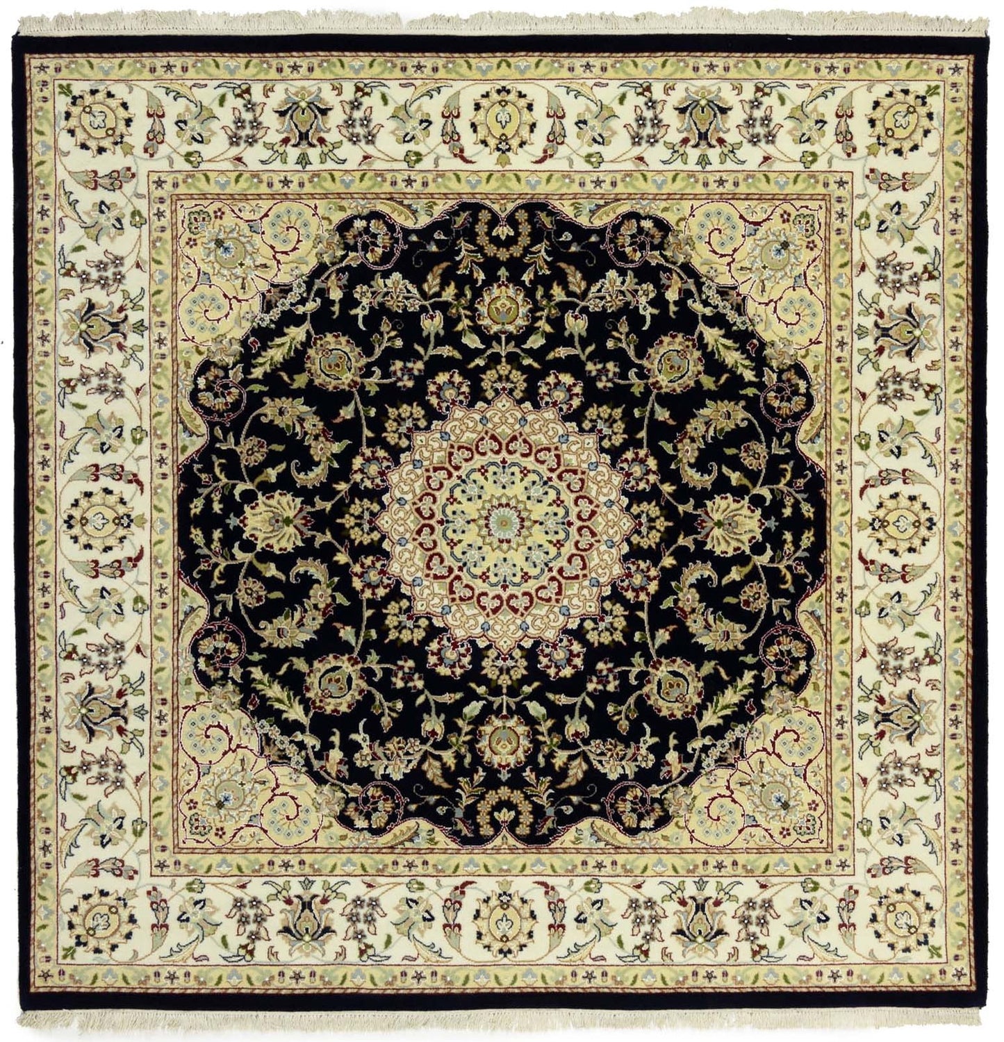 Handmade Navy Floral Classic Indo-Nain Square Rug Oriental Carpet 6x6ft