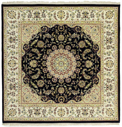 Handmade Navy Floral Classic Indo-Nain Square Rug Oriental Carpet 6x6ft