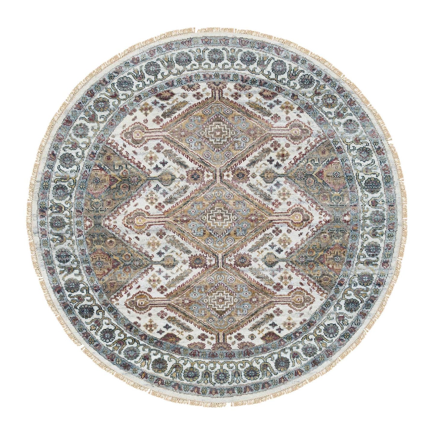 5'10"X5'10" Ivory Rosettes Border Wool Hand Knotted Round Oriental Rug