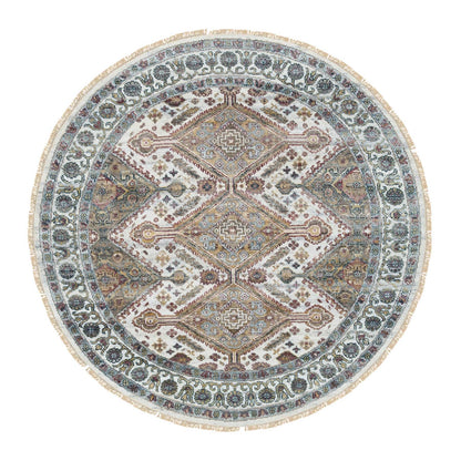 5'10"X5'10" Ivory Rosettes Border Wool Hand Knotted Round Oriental Rug