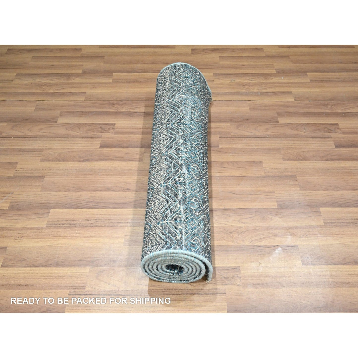 2'6"X7'8" Blue Hand Knotted Small Geometric Design Soft Wool Runner Rug