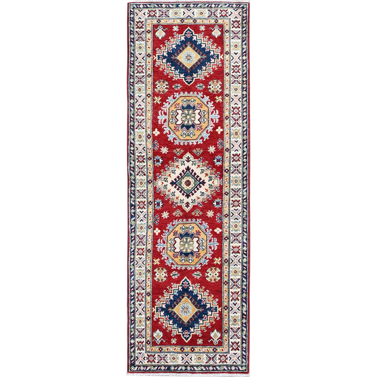 2'7"X8'1" Red Kazak With Tribal Design Hand Knotted Soft Wool Runner Rug