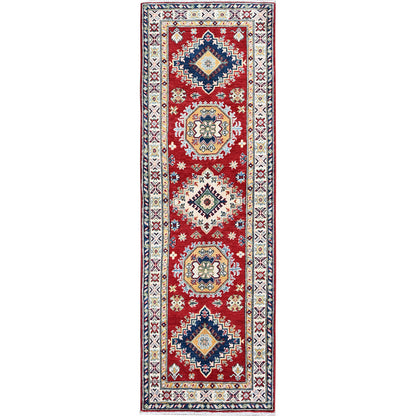 2'7"X8'1" Red Kazak With Tribal Design Hand Knotted Soft Wool Runner Rug