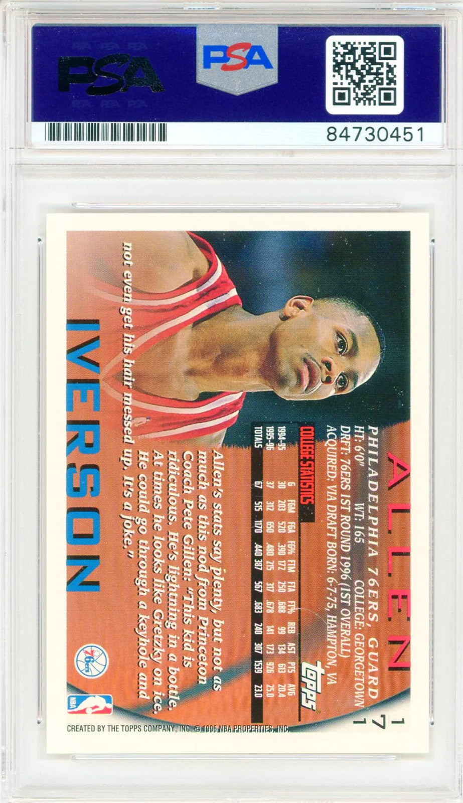 Allen Iverson Autographed 1996-97 Topps Card #171 (Psa Auto Gem Mt 10)