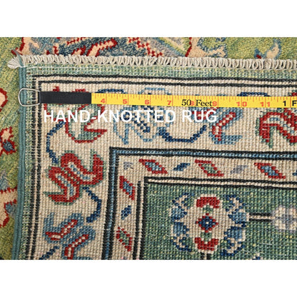 2'8"X12'7" Green Kazak With Geometric Design Hand Knotted Rug Wool Runner