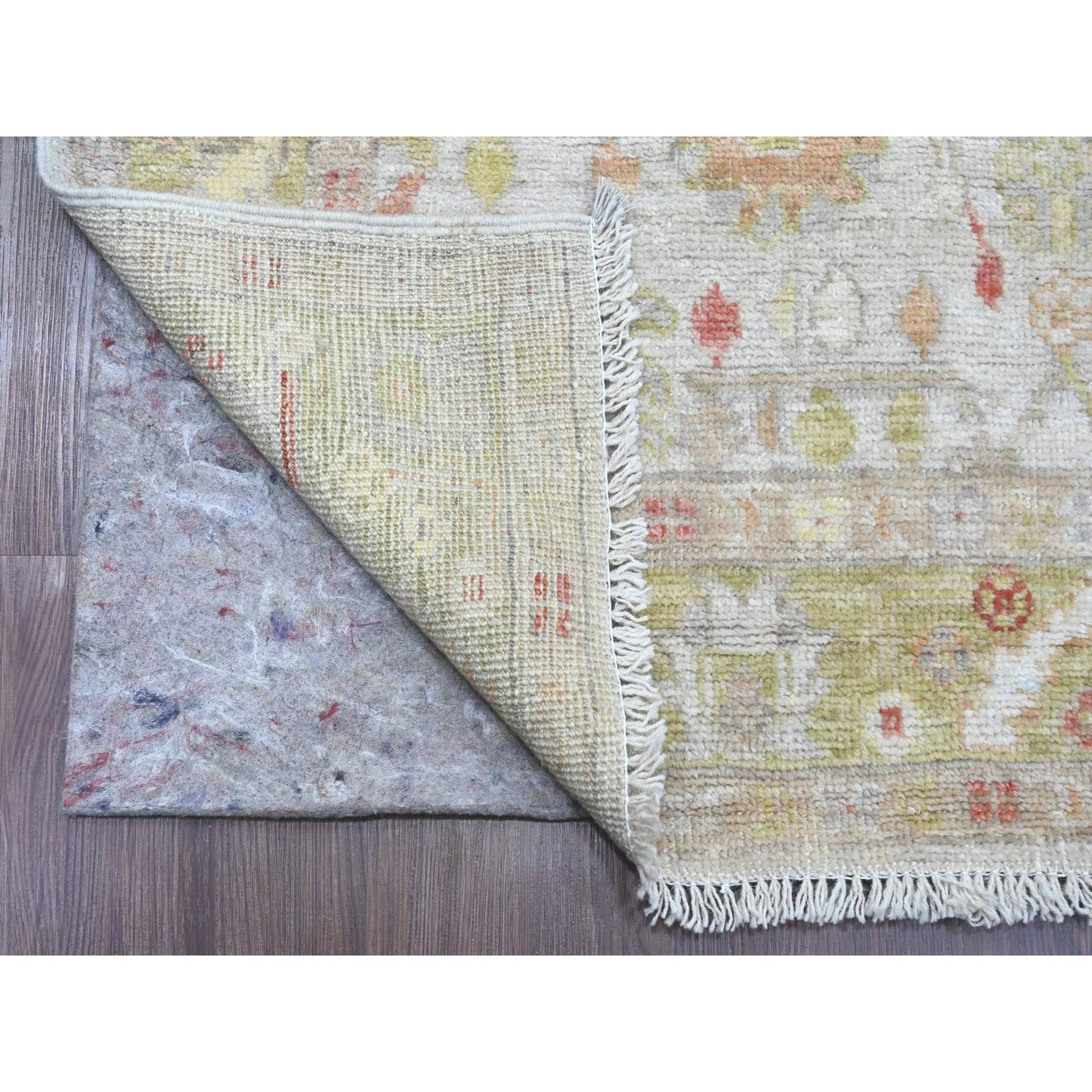 4'X11'9" White Hand Knotted Angora Oushak Leaf Design All Wool Runner Rug