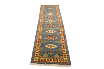 Vintage Style Geometric Kazak Runner Rug Oriental