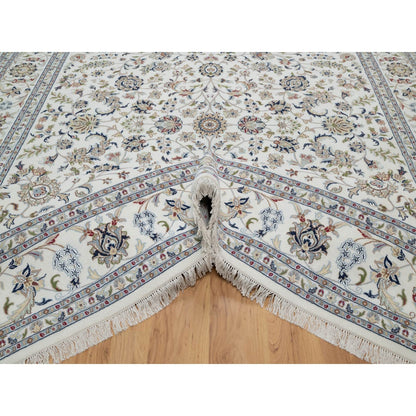 9'X12'1" White Hand Knotted Nain Flower Design Wool And Silk 250 Kpsi Rug