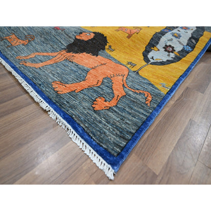 9'X12' Gray Pictorial With Tree And Animals Design Hand Knotted Wool Rug