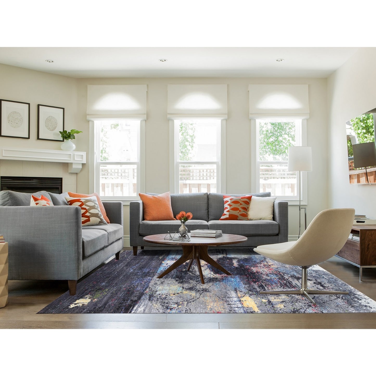 8'X10' Charcoal Black With Pop Of Colors Modern Wool-Silk Handknotted Rug