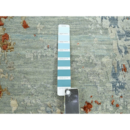9'X12'3" Green With Beige Abstract Design Pure Wool Hand Knotted Rug