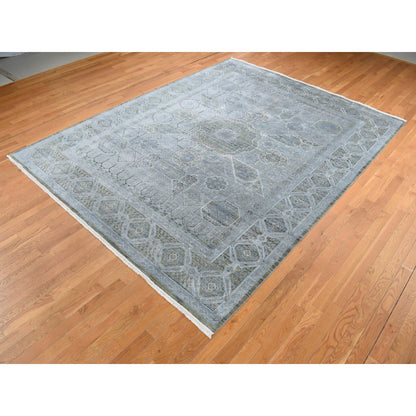 9'X11'7" Cadet Gray Silk With Wool Mamluk Design Hand Knotted Rug