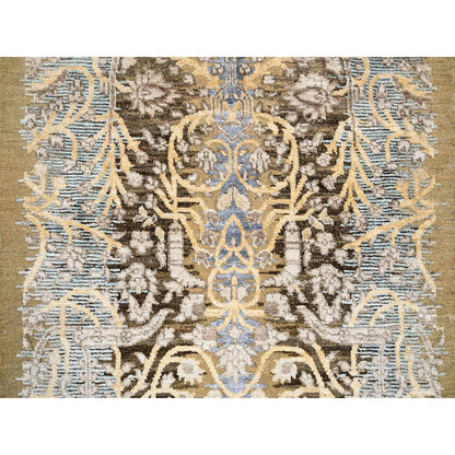 2'7"X22' Gold Brown Hand Knotted Silk With Textured Wool Xl Runner Rug