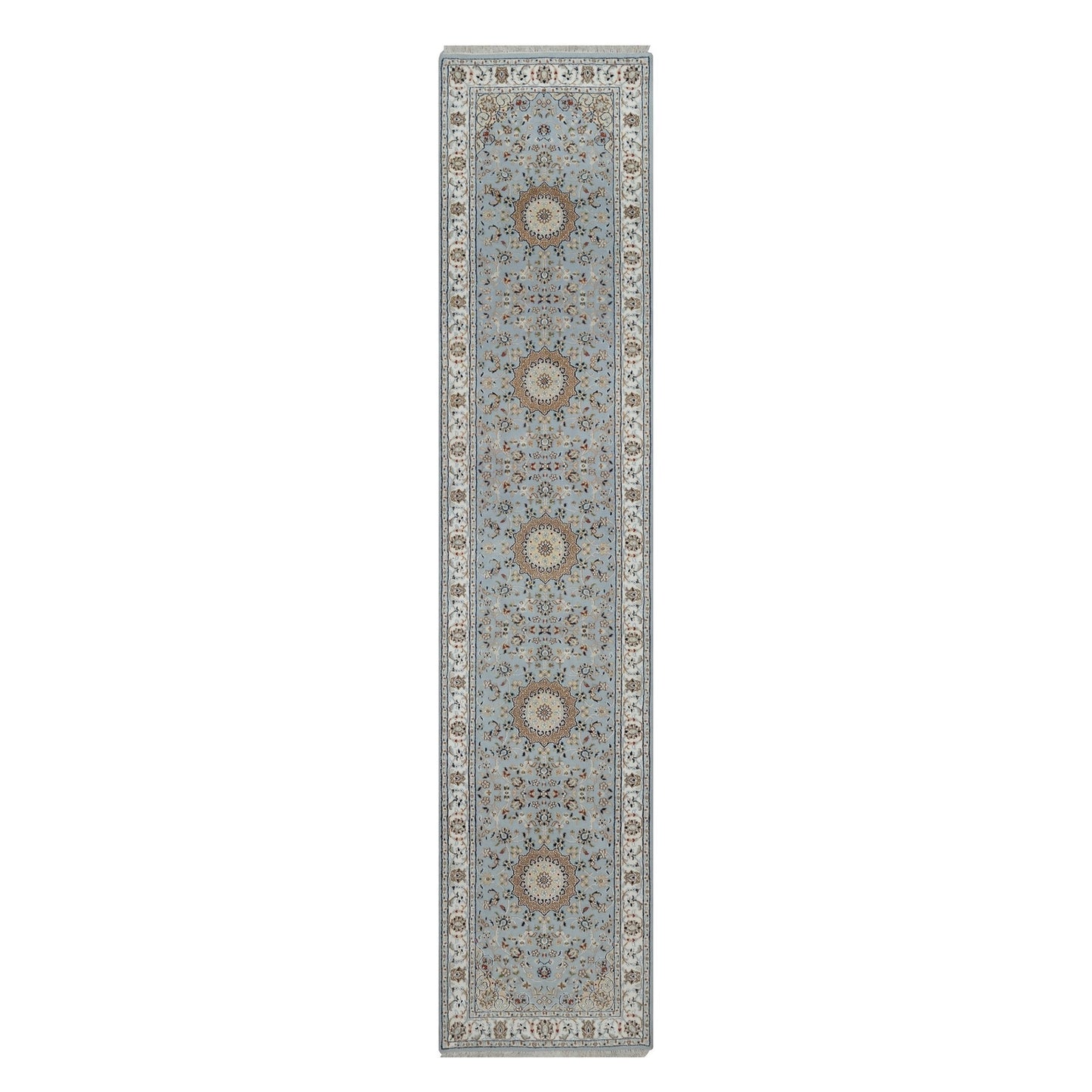 2'8"X12'9" Blue Nain Flower Design Wool And Silk Hand Knotted Runner Rug