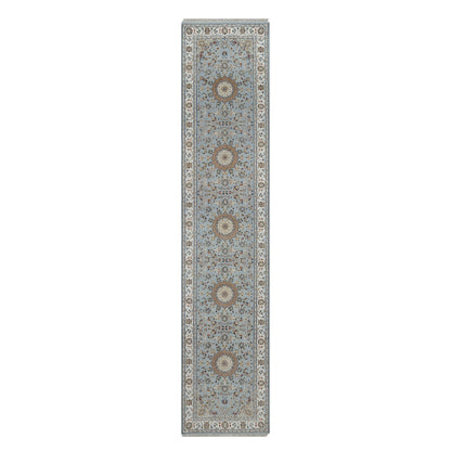 2'8"X12'9" Blue Nain Flower Design Wool And Silk Hand Knotted Runner Rug