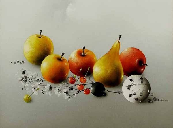 Alain Geneau Still Life with Fruits Oil Painting French Hyperrealism Framed