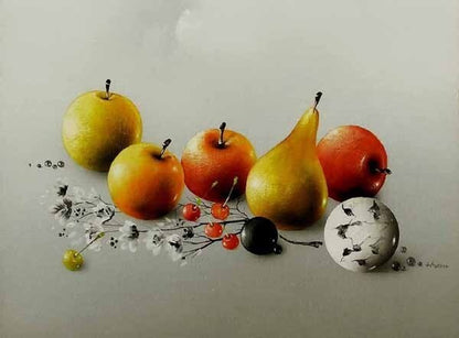 Alain Geneau Still Life with Fruits Oil Painting French Hyperrealism Framed