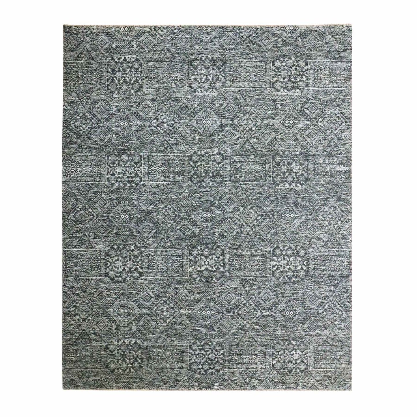 Rug 7'10"x10' Gray Intricate Geometric Design Wool and Silk Hand Knotted