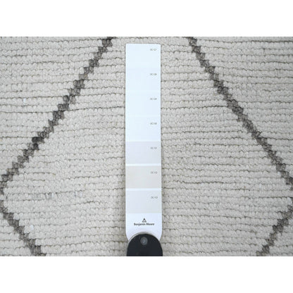 3'2"X15'4" White Moroccan Weave Line Design Hand Knotted Wool Runner Rug