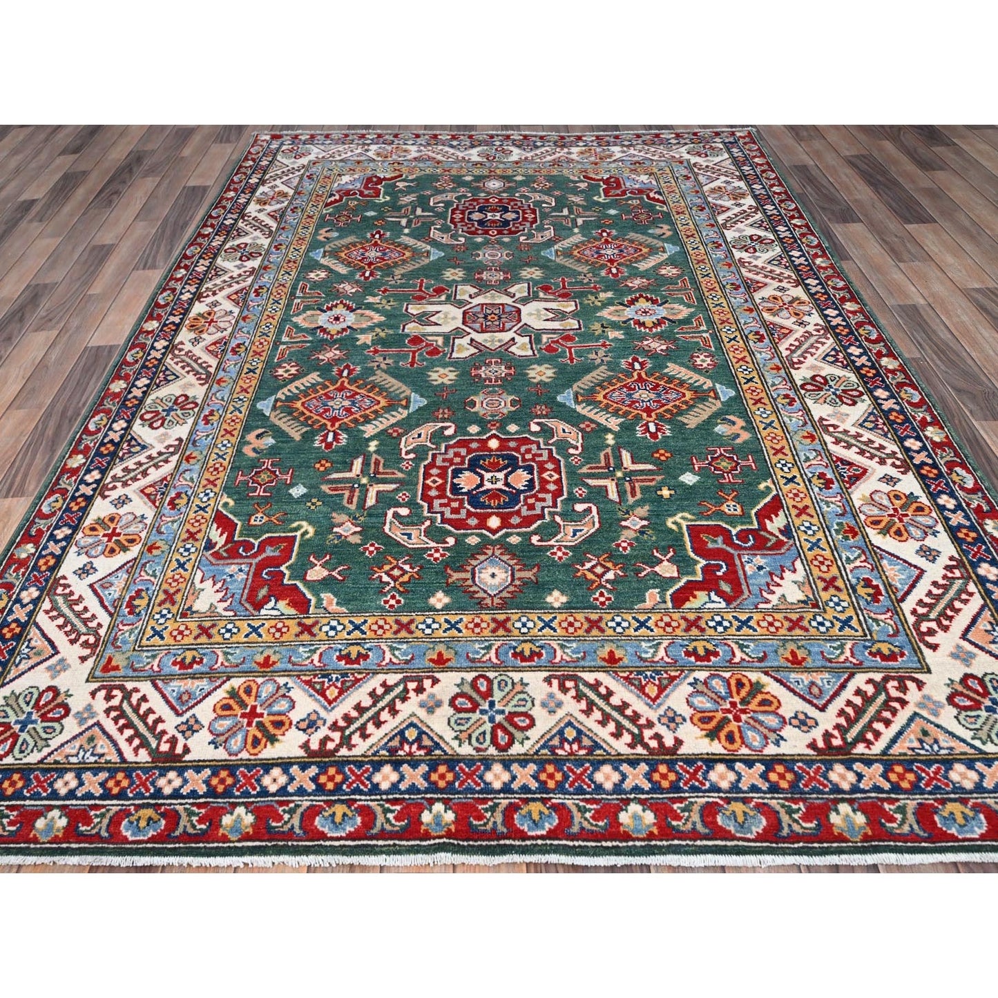 6'1"X9'2" Green Kazak Motifs Hand Knotted Denser Weave Wool Oriental Rug