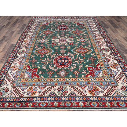6'1"X9'2" Green Kazak Motifs Hand Knotted Denser Weave Wool Oriental Rug