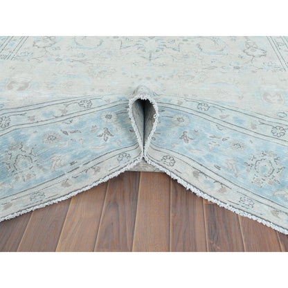 6'6"X9'7" Hand Knotted Ivory Vintage Farsian Karman Worn Wool Rug
