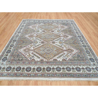 9'10"X10' Ivory Wool Hand Knotted Flower Rosettes Border Oriental Rug