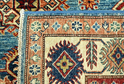 Tribal Geometric Kazak Area Rug Blue Farmho Boho
