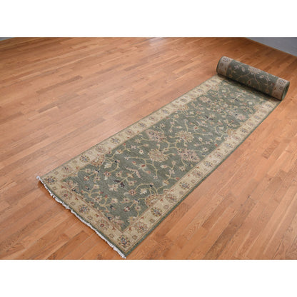 3'6"X32'2" Moss Green Pure Wool Hard Twist Agra Runner Hand Knotted Rug