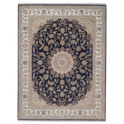 7'10"X10'3" Navy Nain Medallion Design Wool And Silk Hand Knotted Rug