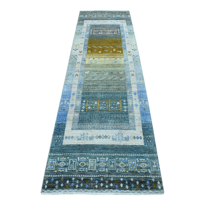 2'7"X9'6"Light Blue Folk Art Kashkuli Gabbeh Wool Hand-Knotted Ethnic Rug