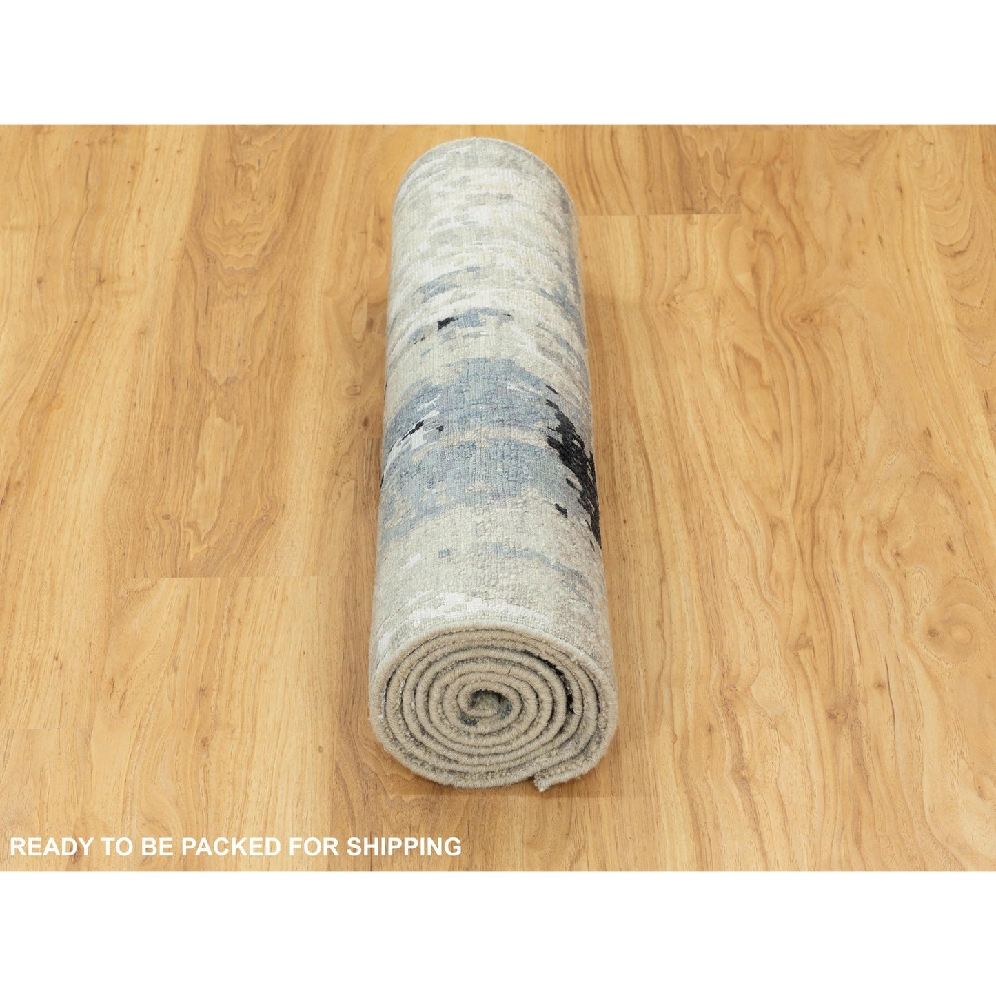 2'5"X9'9" Abstract Design Silver-Blue Hand Knotted Wool-Silk Runner Rug
