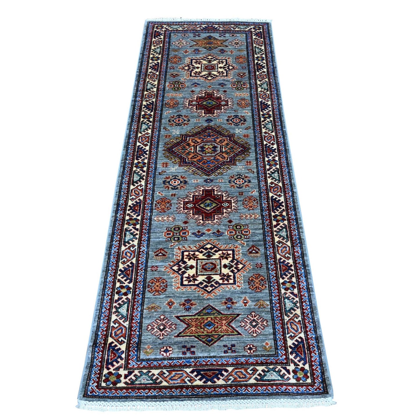 2'5"X6'10" Whale Gray Super Kazak Tribal Elements Hand Knotted Runner Rug