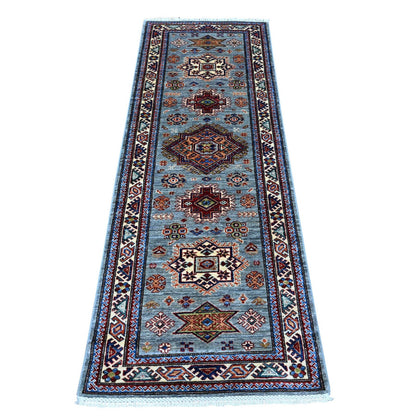 2'5"X6'10" Whale Gray Super Kazak Tribal Elements Hand Knotted Runner Rug