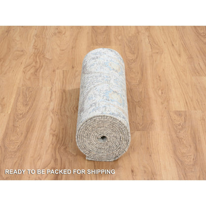 2'6"X18'1" Ivory Silk/Wool Hand Knotted Sickle Leaf Design Xl Runner Rug