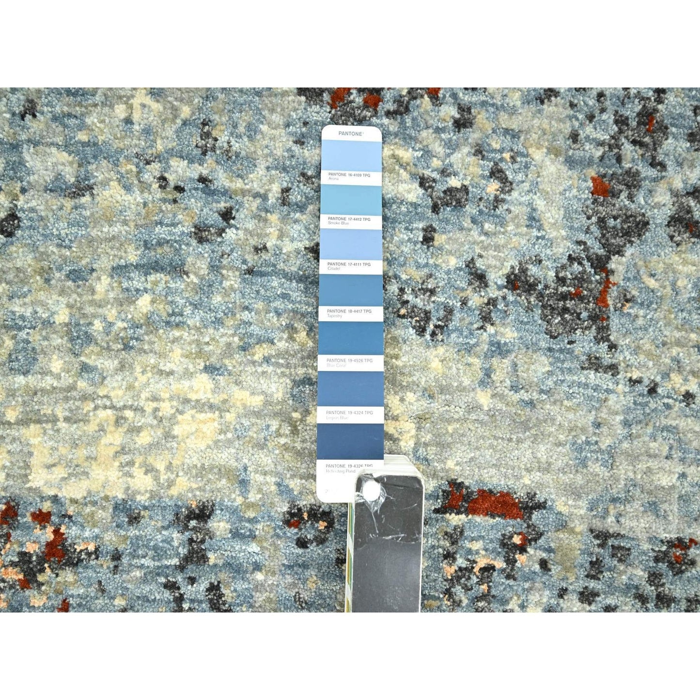 2'6"X12'2" Beige With Blue Abstract Design Wool Hand Knotted Runner Rug