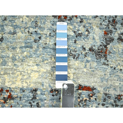 2'6"X12'2" Beige With Blue Abstract Design Wool Hand Knotted Runner Rug