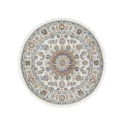 5'X5' Ivory Nain With Flower Design Hand Knotted Wool And Silk Round Rug