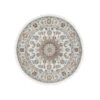 5'X5' Ivory Nain With Flower Design Hand Knotted Wool And Silk Round Rug