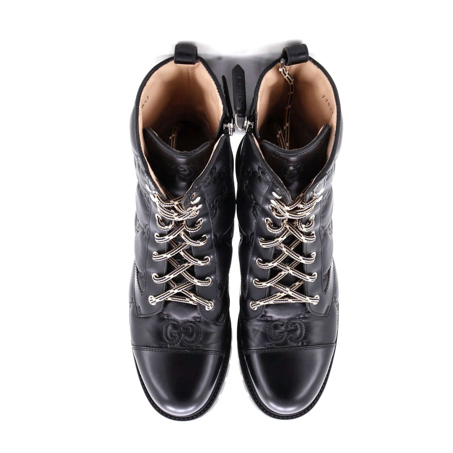 Gucci Women'S Platform Lug Sole Combat Boots Gg Embossed Leather