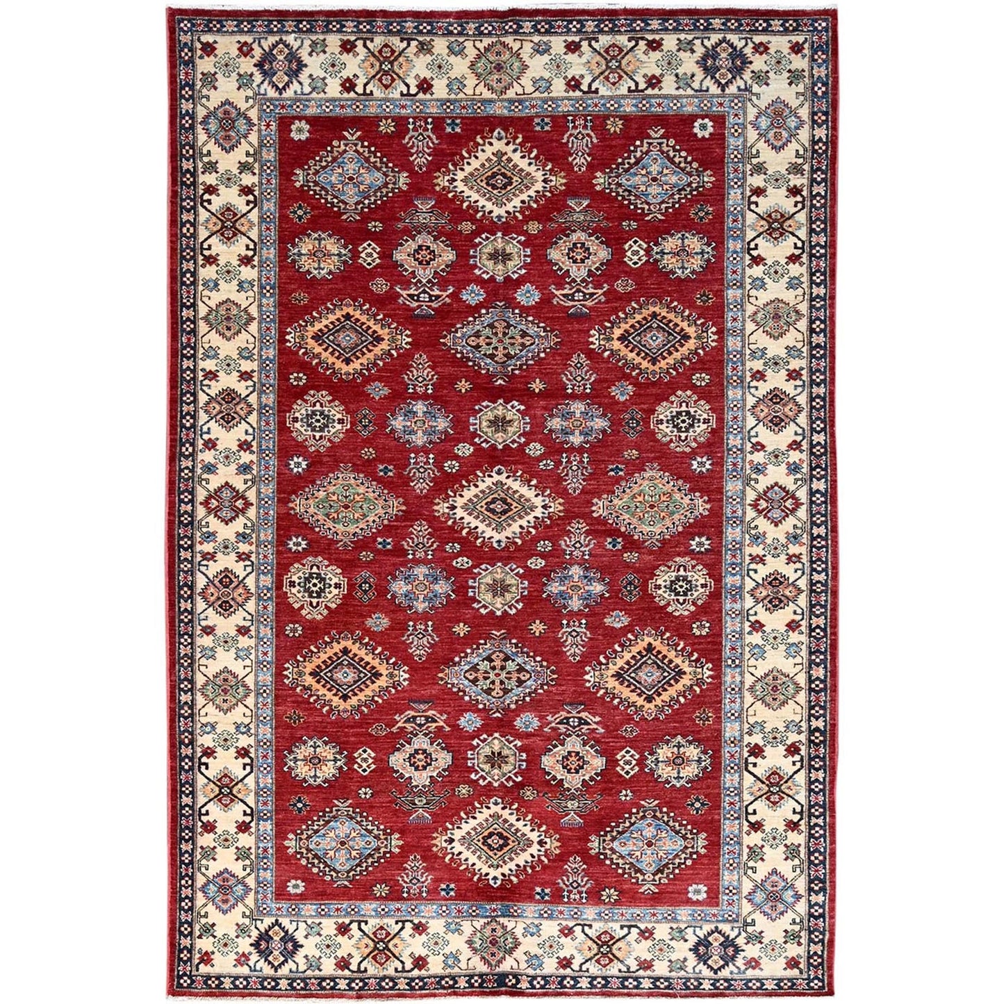 6'X8'8" Fire Brick Red Wool Tribal Super Kazak Hand Knotted Oriental Rug